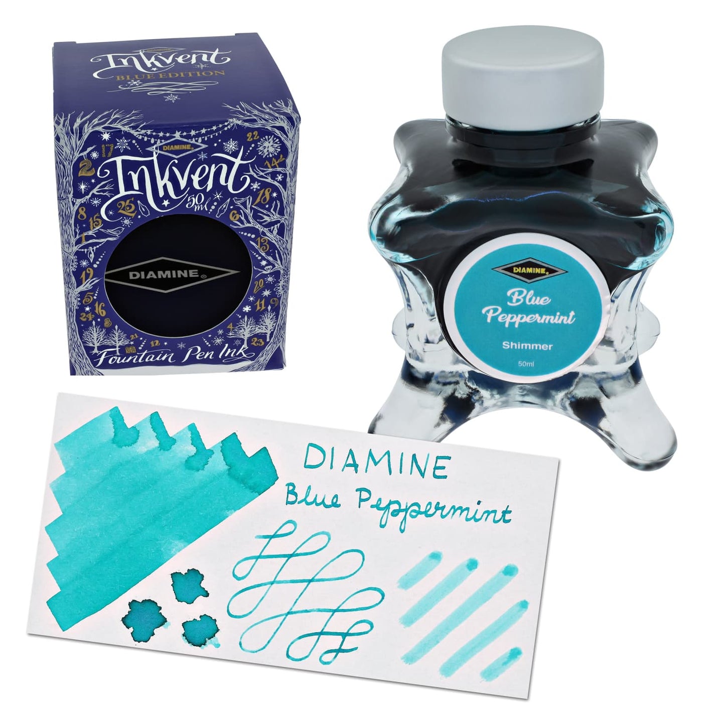 Diamine Inkvent Blue Edition Shimmer Bottled Ink in Blue Peppermint - 50 mL Bottled Ink