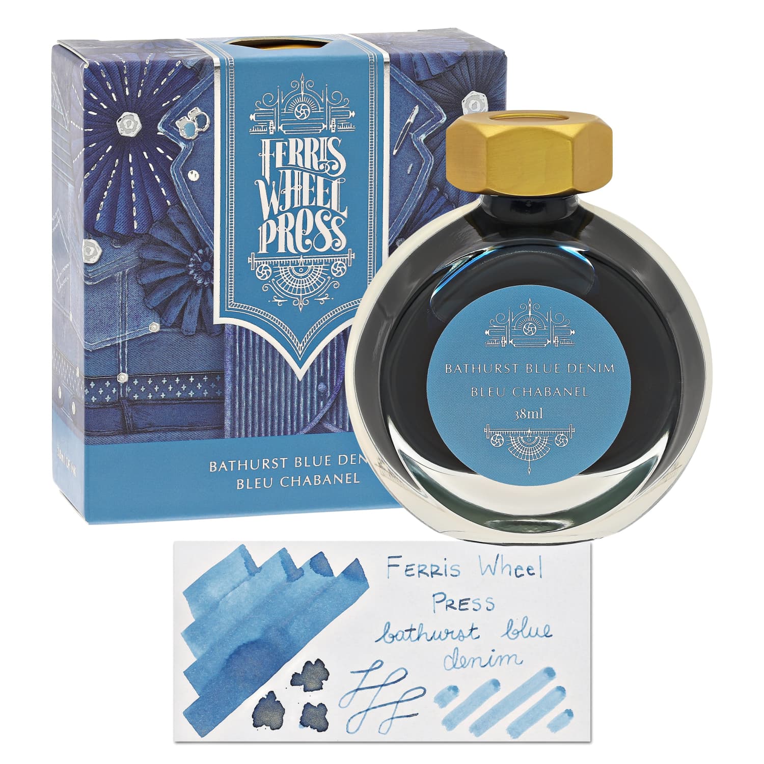 Ferris Wheel Press Bathurst Blue Denim Shimmer Bottled Ink - 38 mL -  Goldspot Pens