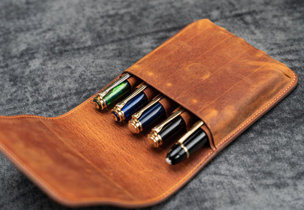 Galen Leather Five Slot Flap Pen Case in Crazy Horse Brown Pen Case