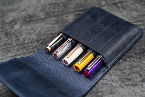 Galen Leather FIve Slot Flap Pen Case in Crazy Horse Navy Blue Pen Case