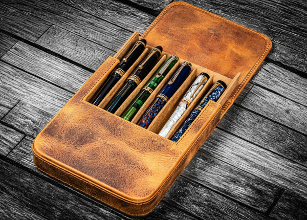 Galen Leather Magnum Opus Six Pen Hard Case with Removable Pen Tray in Crazy Horse Brown Pen Case