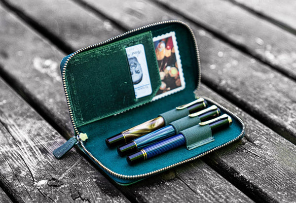Galen Leather Zippered Three Pen Case in Crazy Horse Forest Green Pen Case
