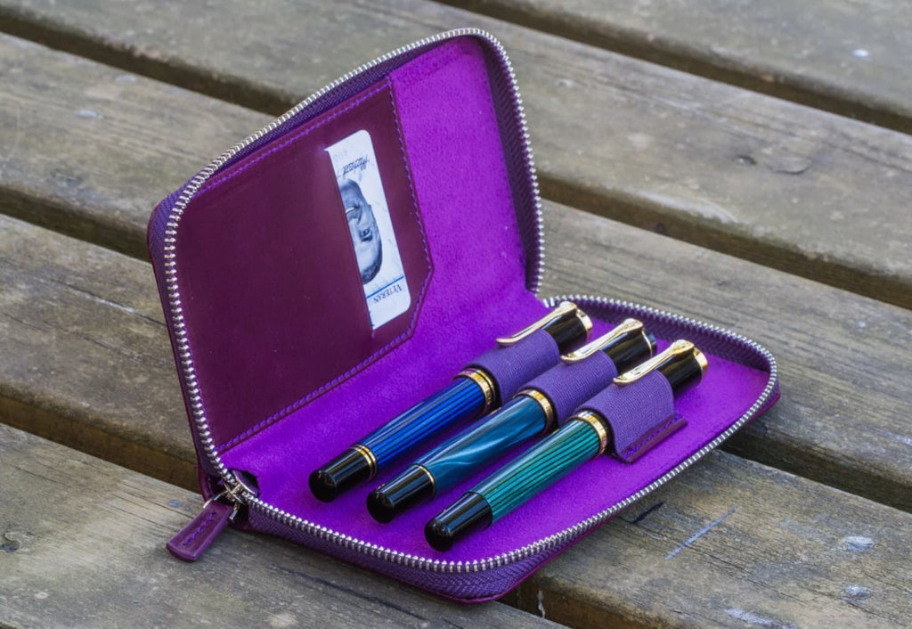 Galen Leather Zippered Three Pen Case in Purple Pen Case