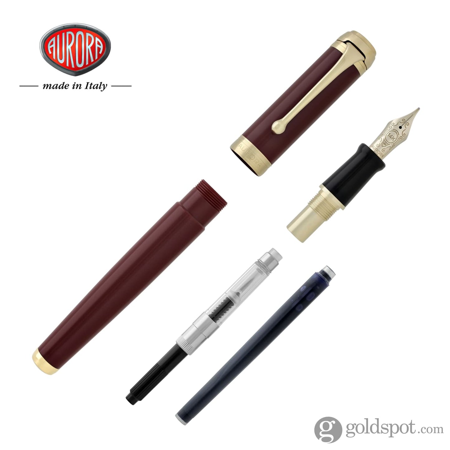 Aurora Talentum Classic Fountain Pen in Burgundy with Gold Trim - 14K Gold Fine Point Fountain Pen