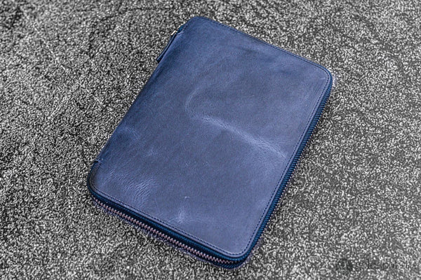 Galen Leather Zippered A5 Notebook Folio in Crazy Horse Navy Blue Pen Case