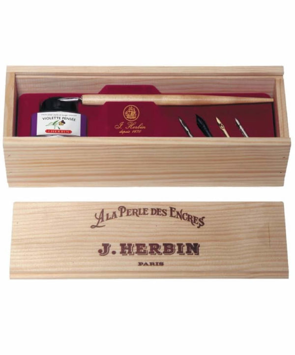 J. Herbin La Perle des Encres Wooden Box Set in Vintage with Violet Ink Dip Pen
