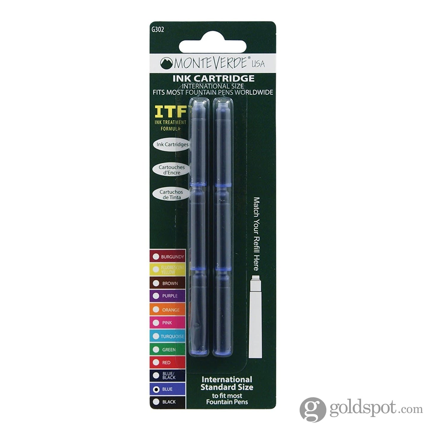 Monteverde Ink Cartridges International Size in Blue - Pack of 6 Fountain Pen Cartridges