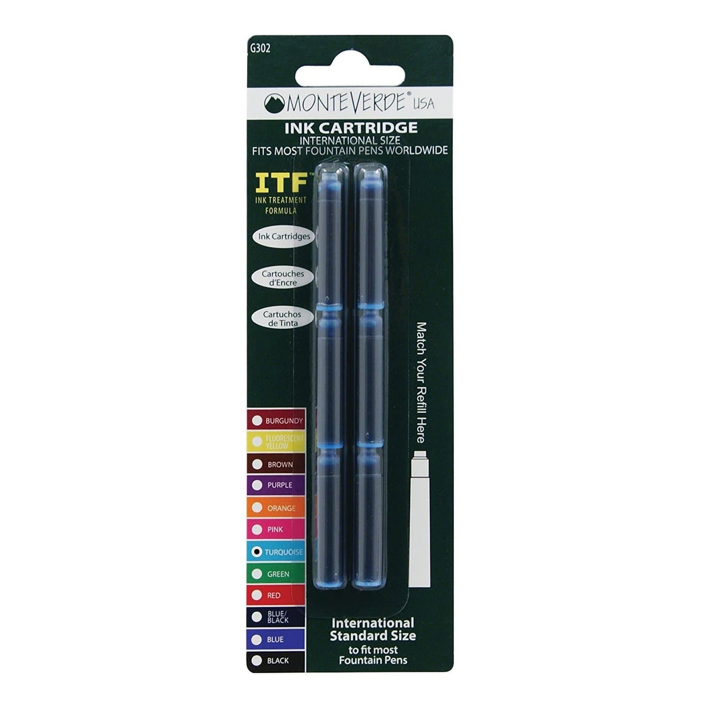 Monteverde Ink Cartridges International Size in Turquoise - Pack of 6 Fountain Pen Cartridges