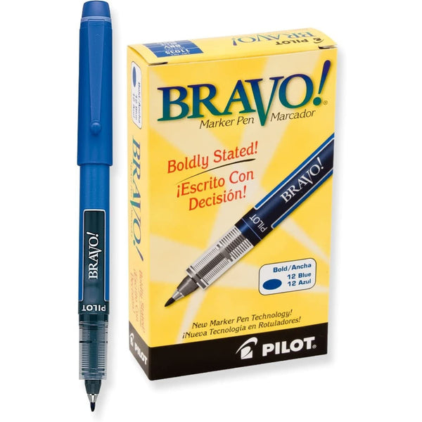 Pilot Bravo Liquid Ink Marker Pen in Blue - Bold Point - Pack of 12 Marker