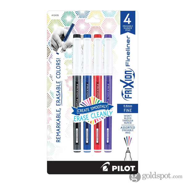 Pilot FriXion Fineliner Erasable Marker Pens in Black Blue Red & Purple - Fine Point - Pack of 4 Marker