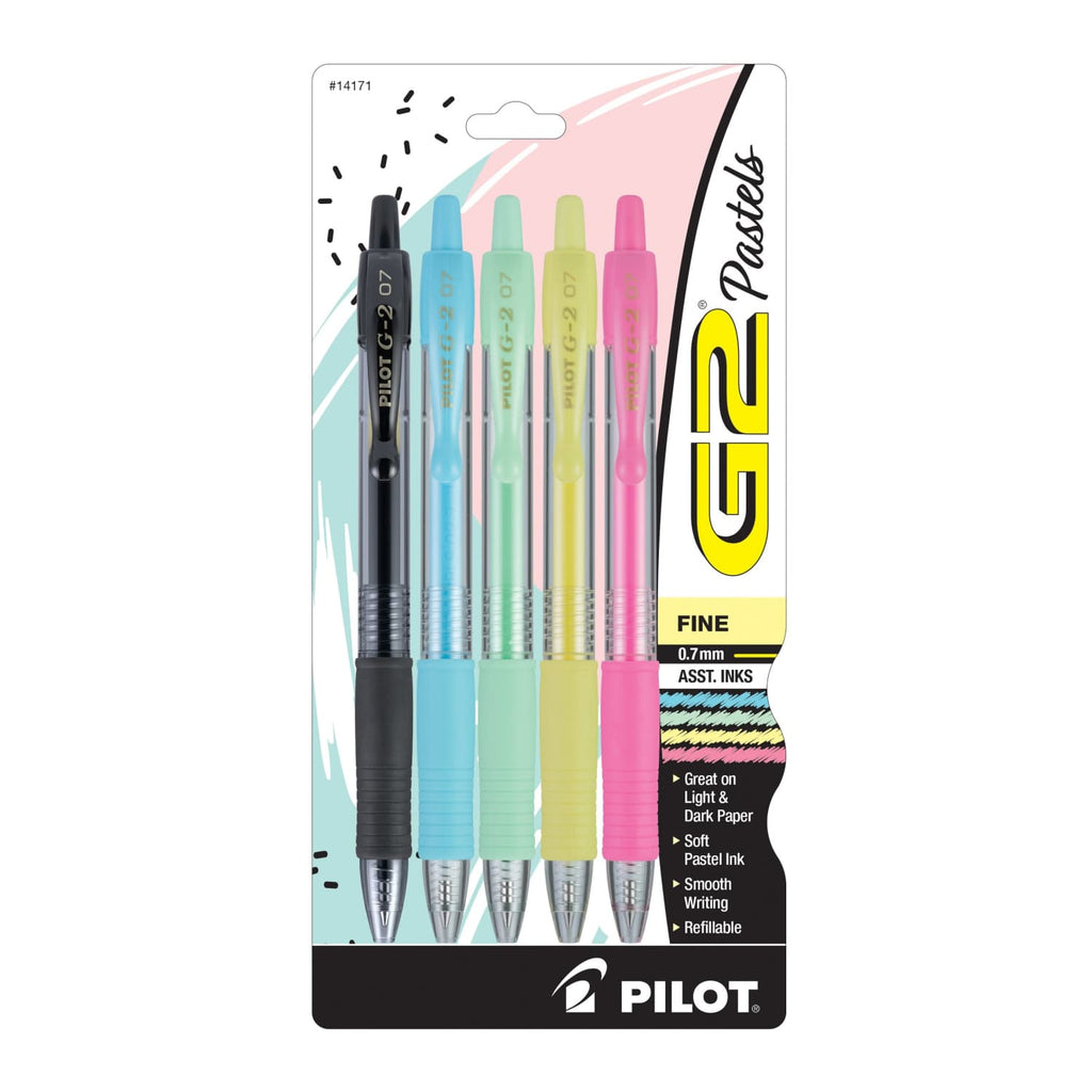Pilot G2 Pastels Retractable Gel Ink Pens in Black Blue Green Yellow & Pink - Fine Point - Pack of 5 Gel Pen