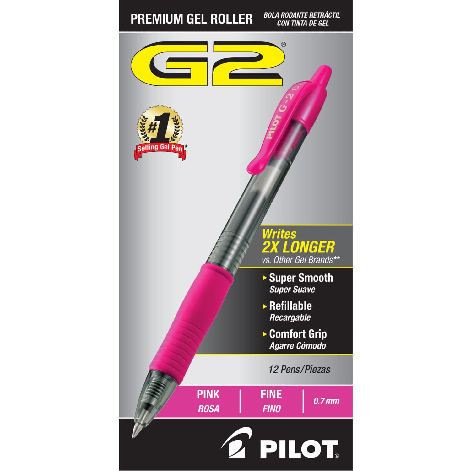 Pilot G2-7 Retractable Gel Roller Pen, Fine, Pink Ink - 12 pens