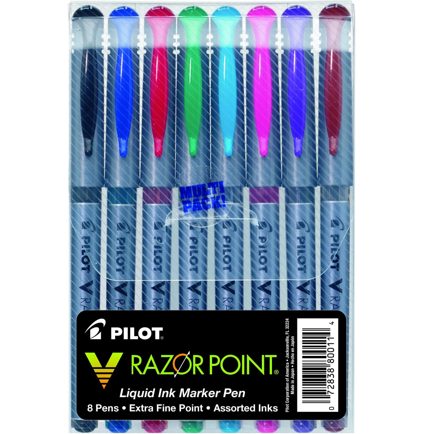 Pilot V Razor Point Liquid Ink Marker Pens, Extra Fine Point, Assorted, 8/Pack