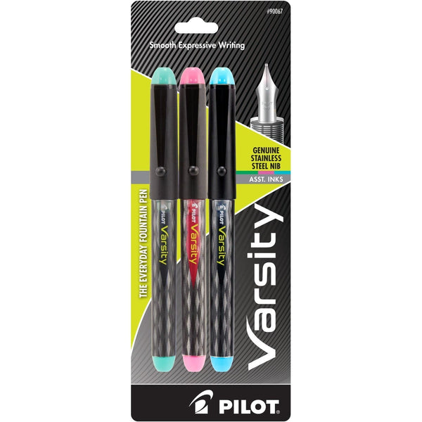 Pilot Varsity Disposable Fountain Pen in Black with Green Pink & Turquoise Ink - Pack of 3 Fountain Pen