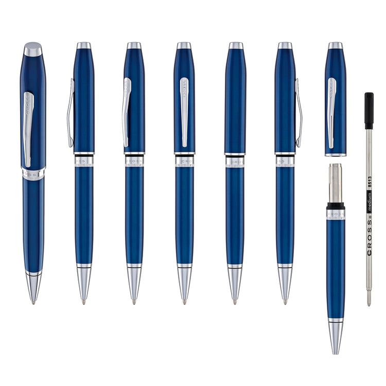 Cross Foundry Ballpoint Pen in Glossy Translucent Blue Lacquer with Polished Chrome Appointments