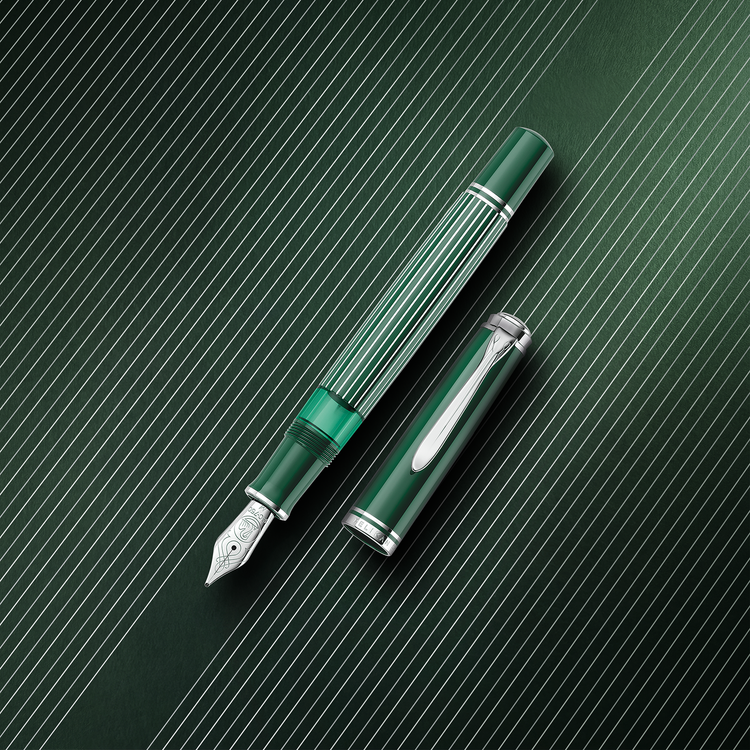 Pelikan Souveran M815 Fountain Pen in Metal Striped Green with Silver Trim - 18K Gold Special Edition