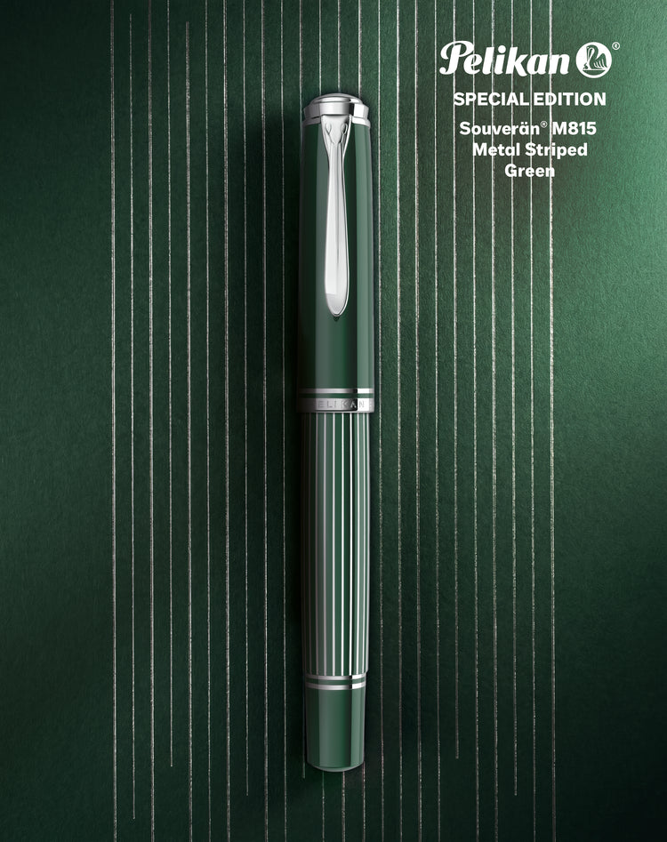 Pelikan Souveran M815 Fountain Pen in Metal Striped Green with Silver Trim - 18K Gold Special Edition