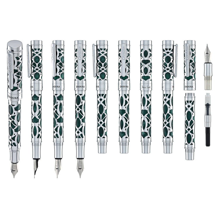 Conklin Endura Deco Crest Fountain Pen in Green with Chrome Trim