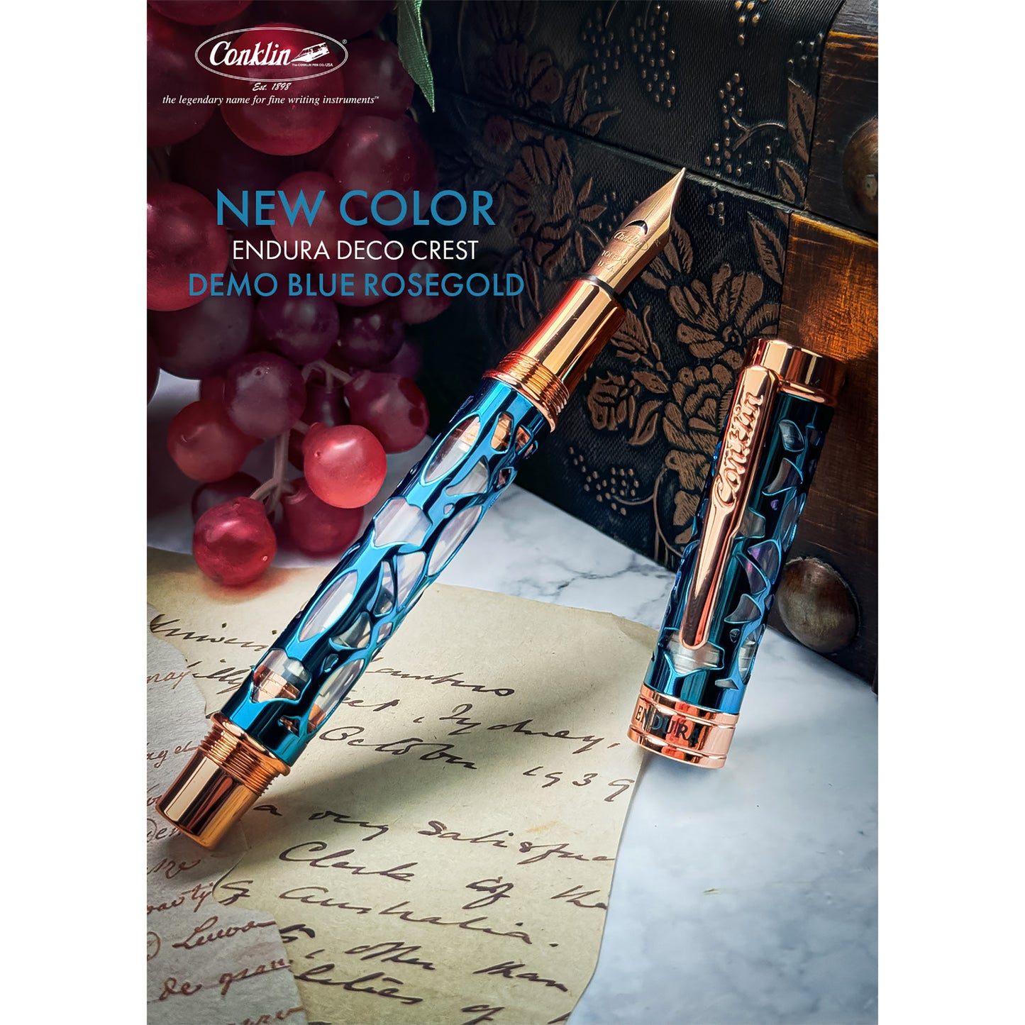 Conklin Endura Deco Crest Fountain Pen in Demo Blue with Rosegold Trim Fountain Pen