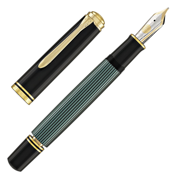 Pelikan Souveran M1000 Fountain Pen in Black & Green - 18K Gold Fine Point