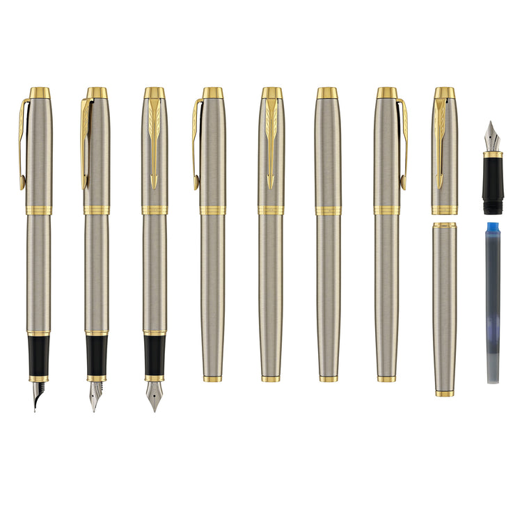 Parker IM Fountain Pen in Brushed Metal with Gold Trim - Fine Point