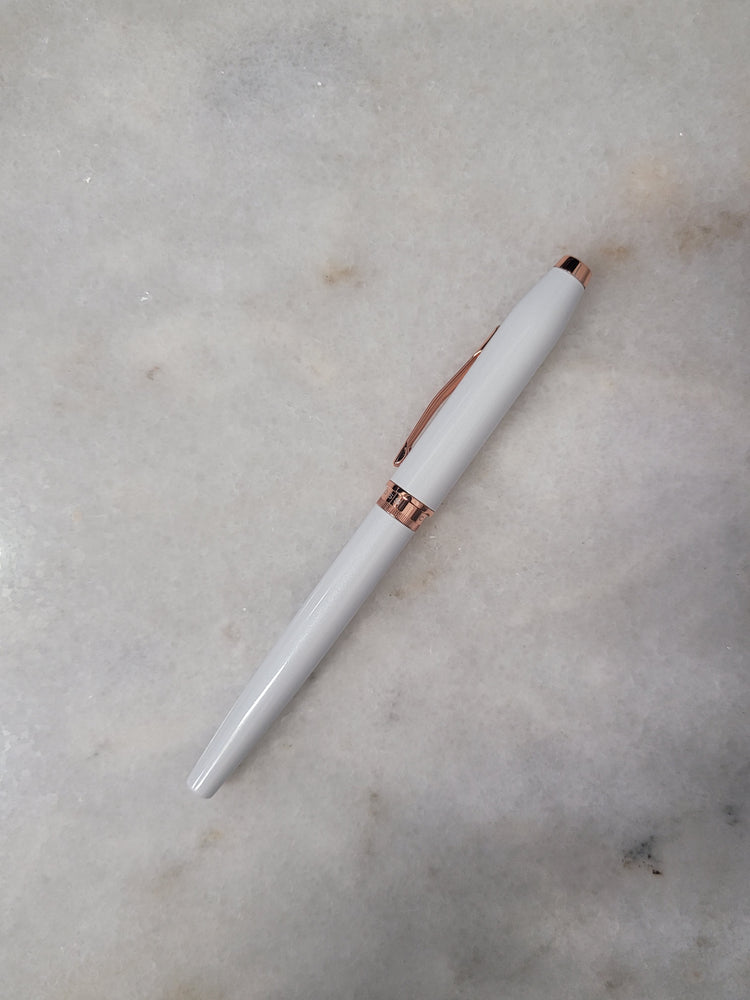 Misfit Item 0001 Cross Foundry Rollerball Pen in Pearl White Lacquer with Rose Gold Appointments