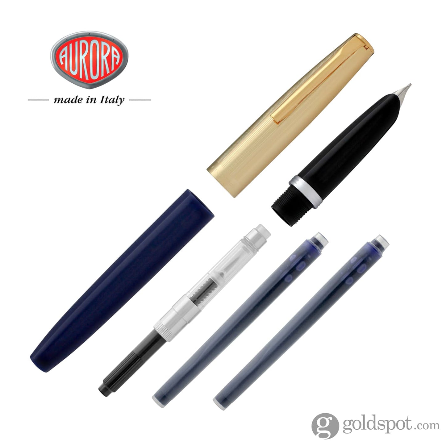 Aurora Duo Cart Fountain Pen - Dark Blue Resin with Gold Plated Cap Medium Point Fountain Pen