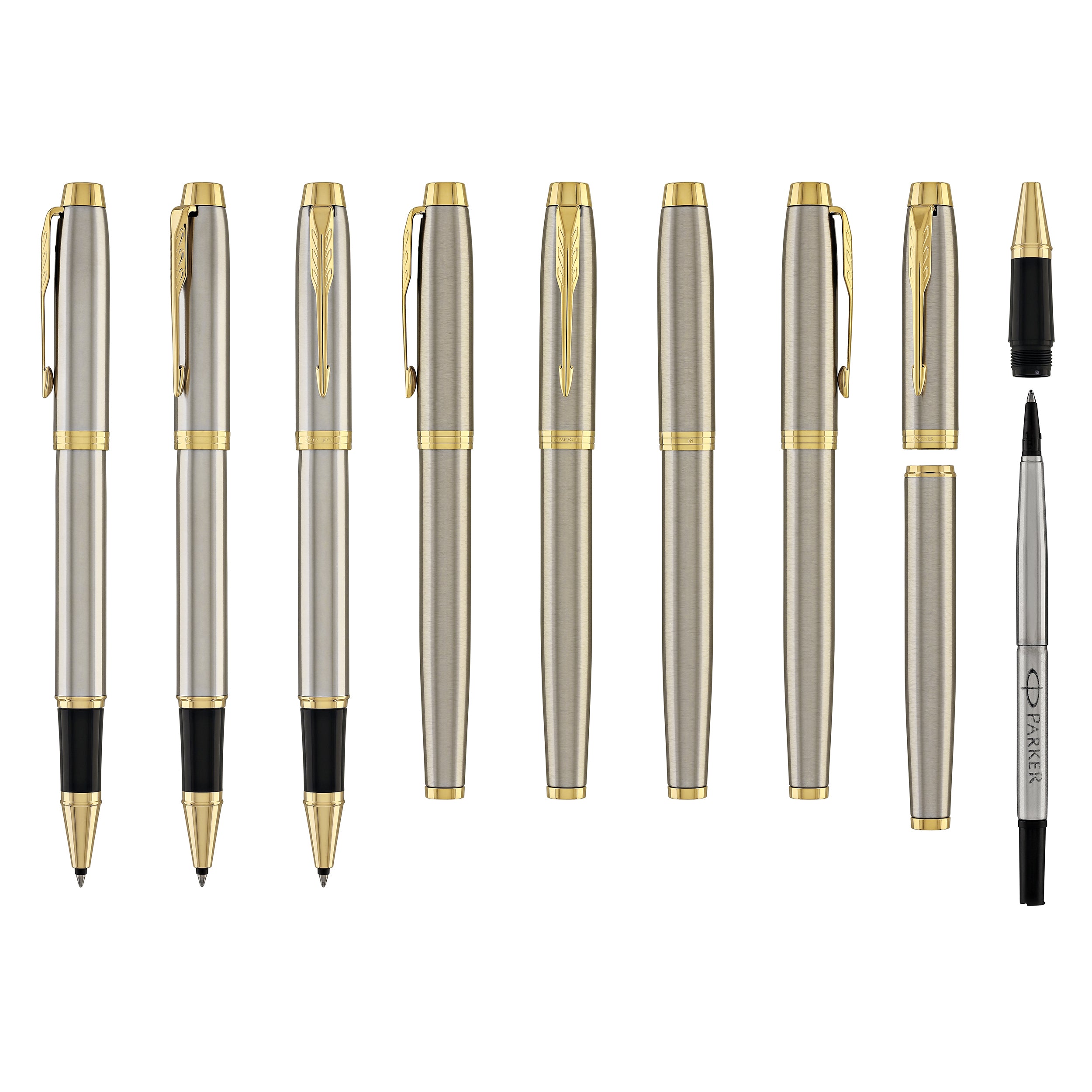 Parker 万年筆 グリーン ゴールドトリム Parker IM Rollerball Pen in Brushed Metal with Gold Trim