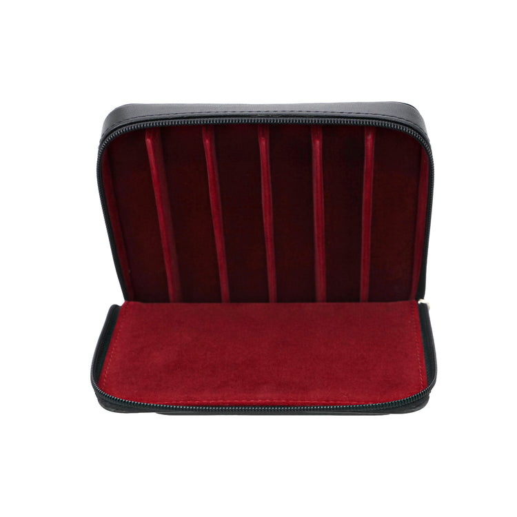 Visconti Classic Black Leather 6 Pen Case with Red Lining