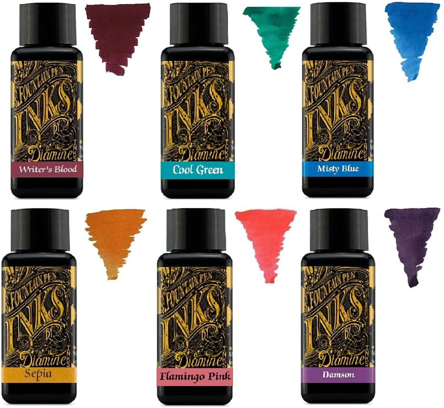 Diamine - 30ml Fountain Pen Ink - Colour Wheel - 6 x Bottles - Writers Blood Cool Green Misty Blue Sepia Flamingo Pink Damson Bottled Ink