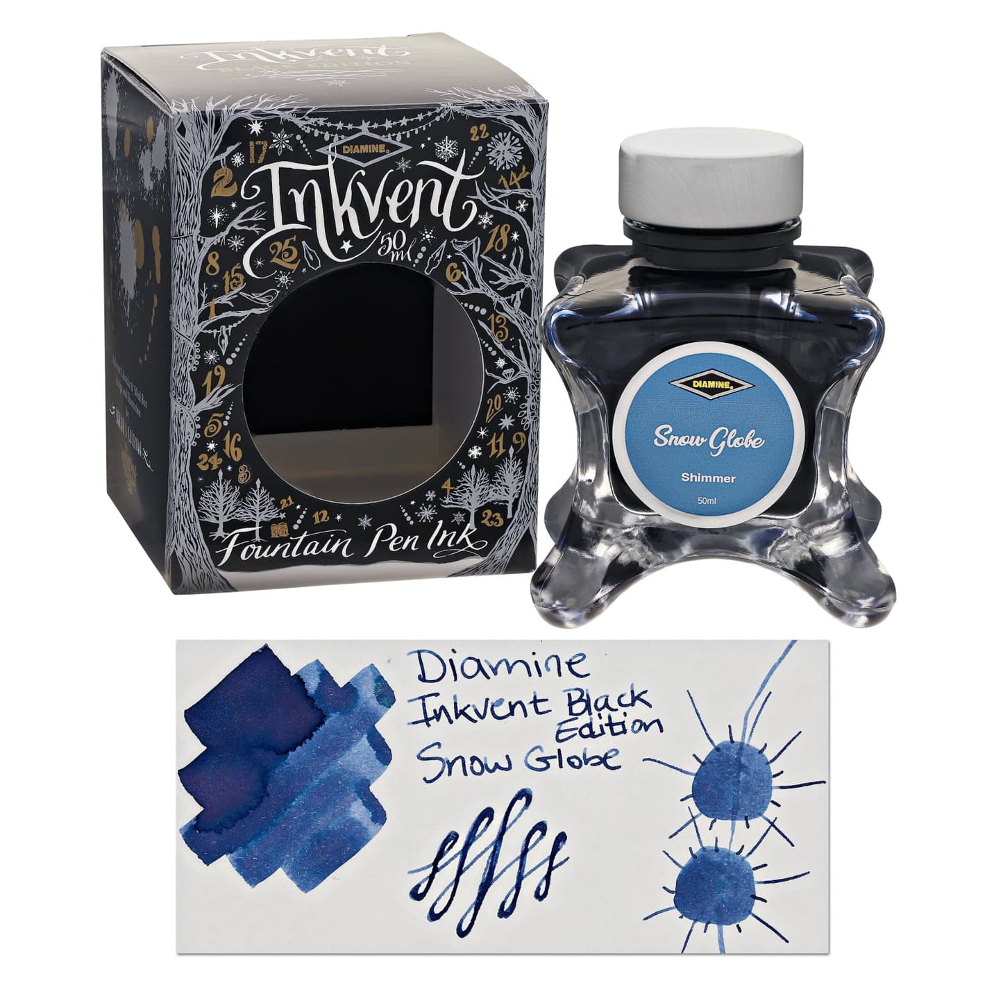 Diamine Inkvent Black Edition Shimmer Bottled Ink in Snow Globe - 50 mL Bottled Ink