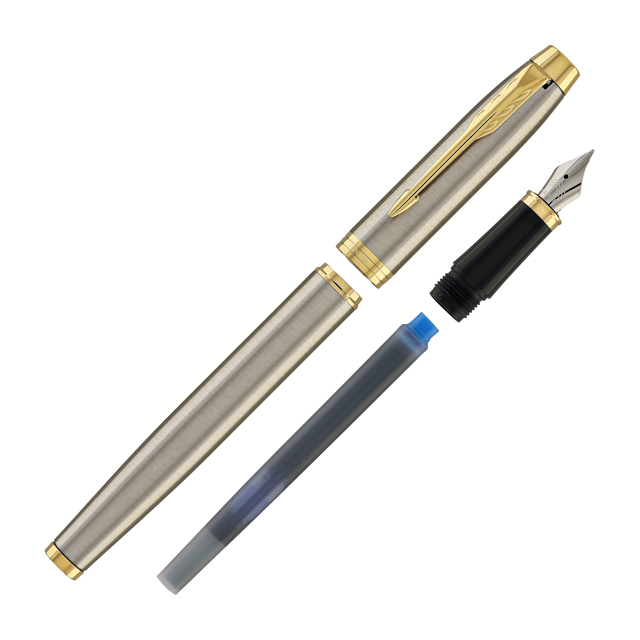 Parker IM Fountain Pen in Brushed Metal with Gold Trim - Fine
