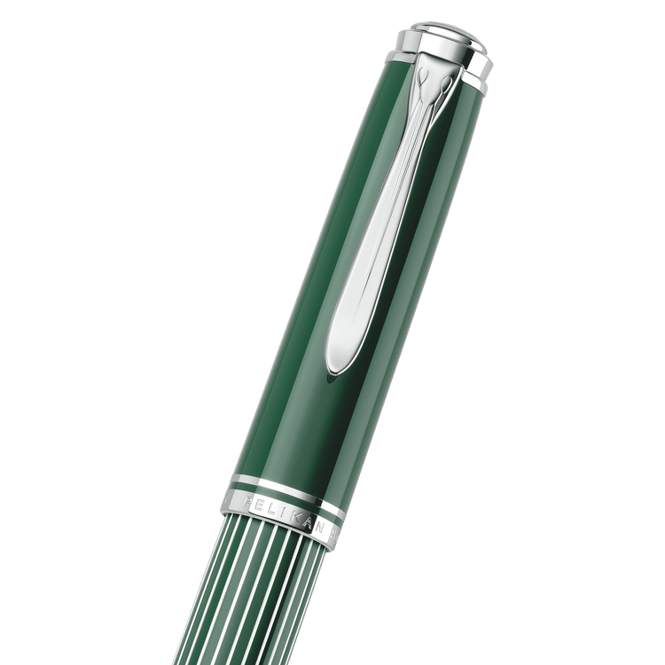 Pelikan Souveran M815 Fountain Pen in Metal Striped Green with Silver Trim - 18K Gold Special Edition