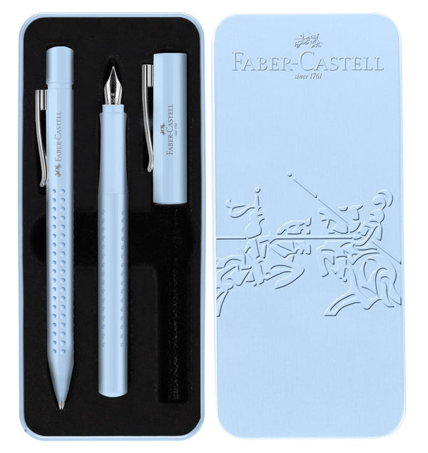 Faber-Castell Grip Fountain and Ballpoint Pen in Sky Blue - Gift Tin Gift Sets