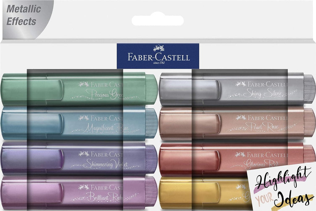 Faber Castell Metallic Glitter Highlighter Textliner Marker Pens - Pack of 8 Felt Tip and Fineliner