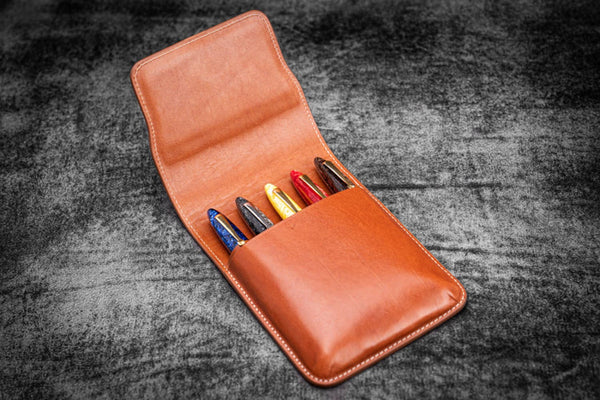 Galen Leather Five Slot Flap Pen Case in Brown Pen Cases