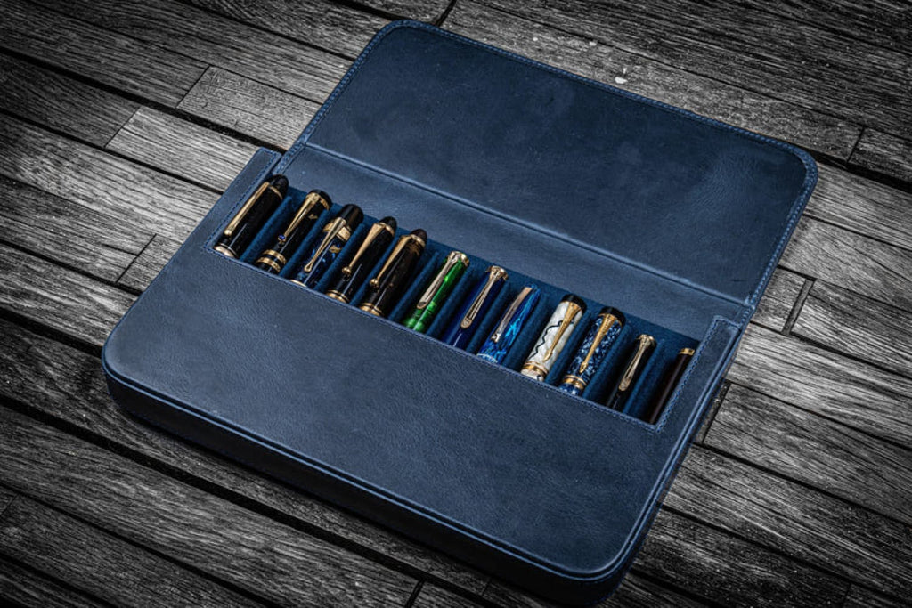 Galen Leather Magnum Opus 12 Slots Hard Pen Case in Crazy Horse Navy Blue Pen Cases