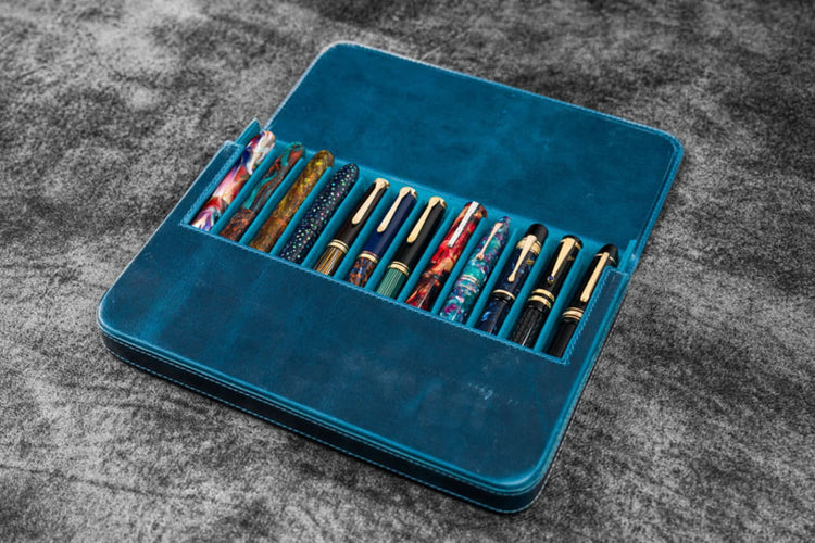 Galen Leather Magnum Opus 12 Slots Hard Pen Case in Crazy Horse Ocean Blue Pen Cases