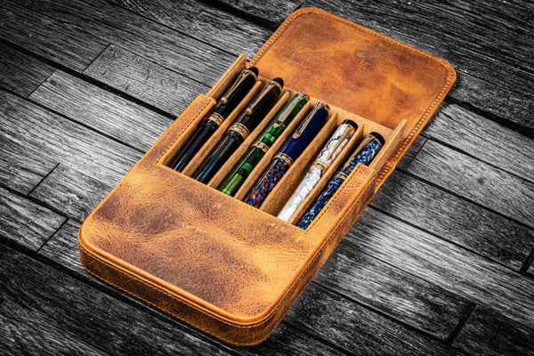 Galen Leather Magnum Opus 6 Slots Hard Pen Case in Crazy Horse Brown Pen Cases