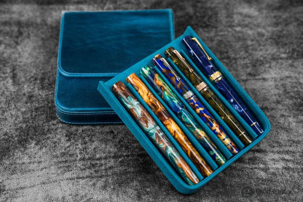 Galen Leather Magnum Opus 6 Slots Hard Pen Case in Crazy Horse Ocean Blue Pen Cases