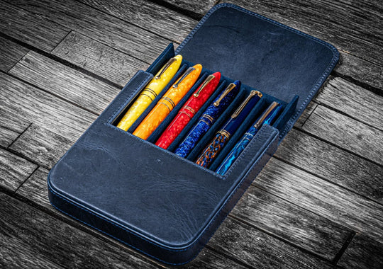 Galen Leather Magnum Opus Six Pen Hard Case with Removable Pen Tray in Crazy Horse Navy Blue