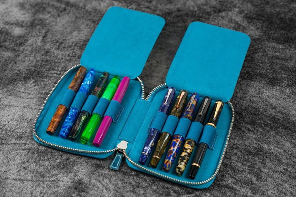 Galen Leather Pen Case Zippered 10 Slots in Crazy Horse Ocean Blue Pen Cases