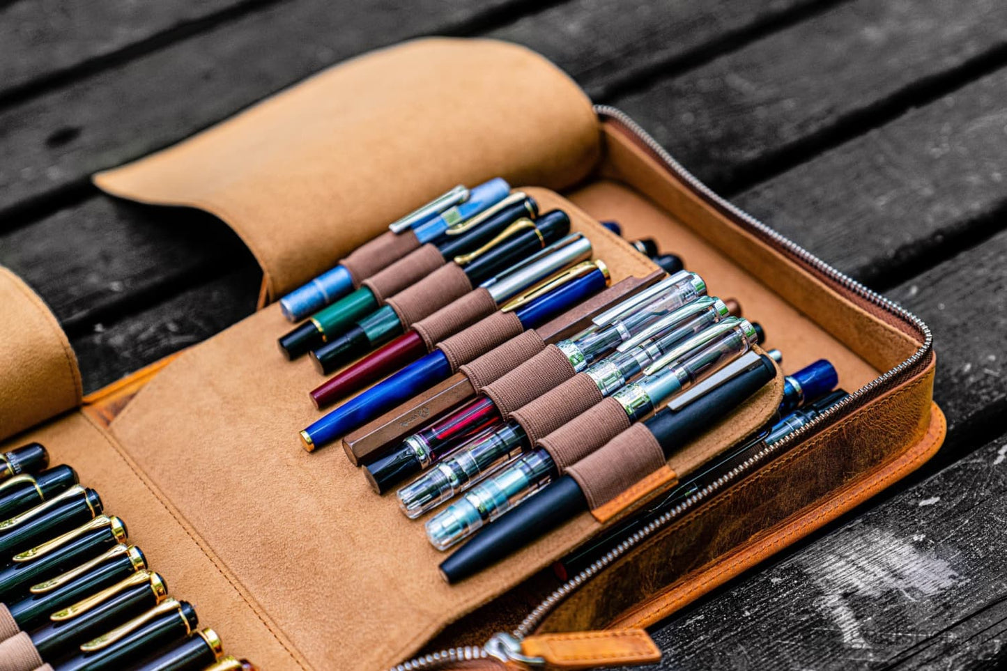 Galen Leather Pen Case Zippered 40 Slots in Crazy Horse Brown Pen Cases