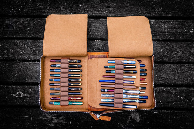 Galen Leather Pen Case Zippered 40 Slots in Crazy Horse Brown Pen Cases