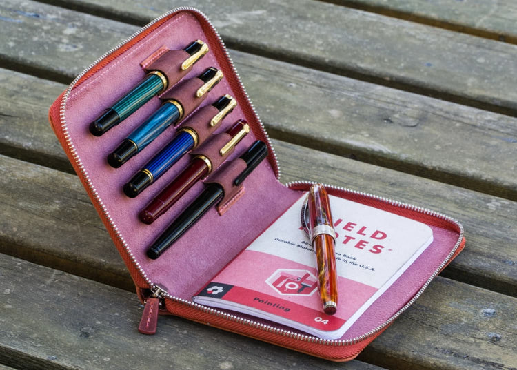 Galen Leather Pen Case Zippered 5 Slots in Orange Pen Case