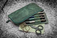 Galen Leather Slip-N-Zip 4 Slots Zippered Pen Pouch in Crazy Horse Forest Green