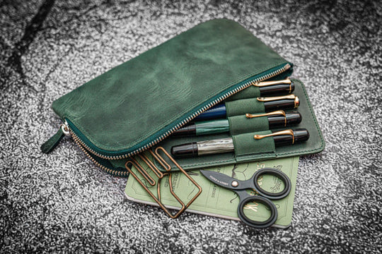 Galen Leather Slip-N-Zip 4 Slots Zippered Pen Pouch in Crazy Horse Forest Green