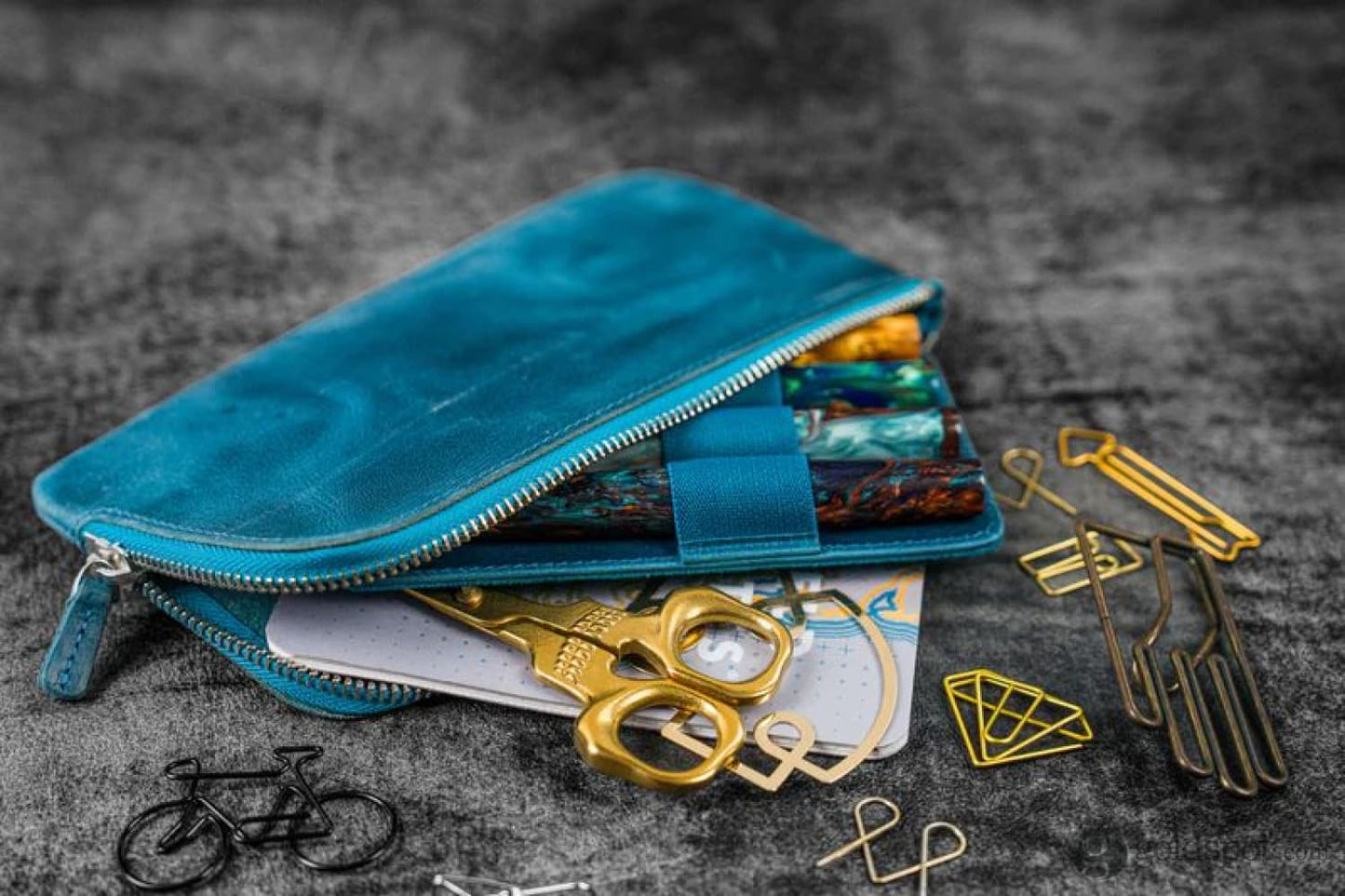 Galen Leather Slip-N-Zip 4 Slots Zippered Pen Pouch in Crazy Horse Ocean Blue Pen Cases