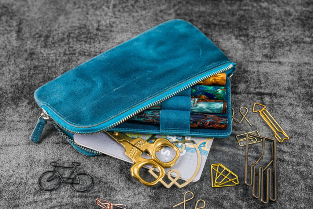 Galen Leather Slip-N-Zip 4 Slots Zippered Pen Pouch in Crazy Horse Ocean Blue Pen Cases