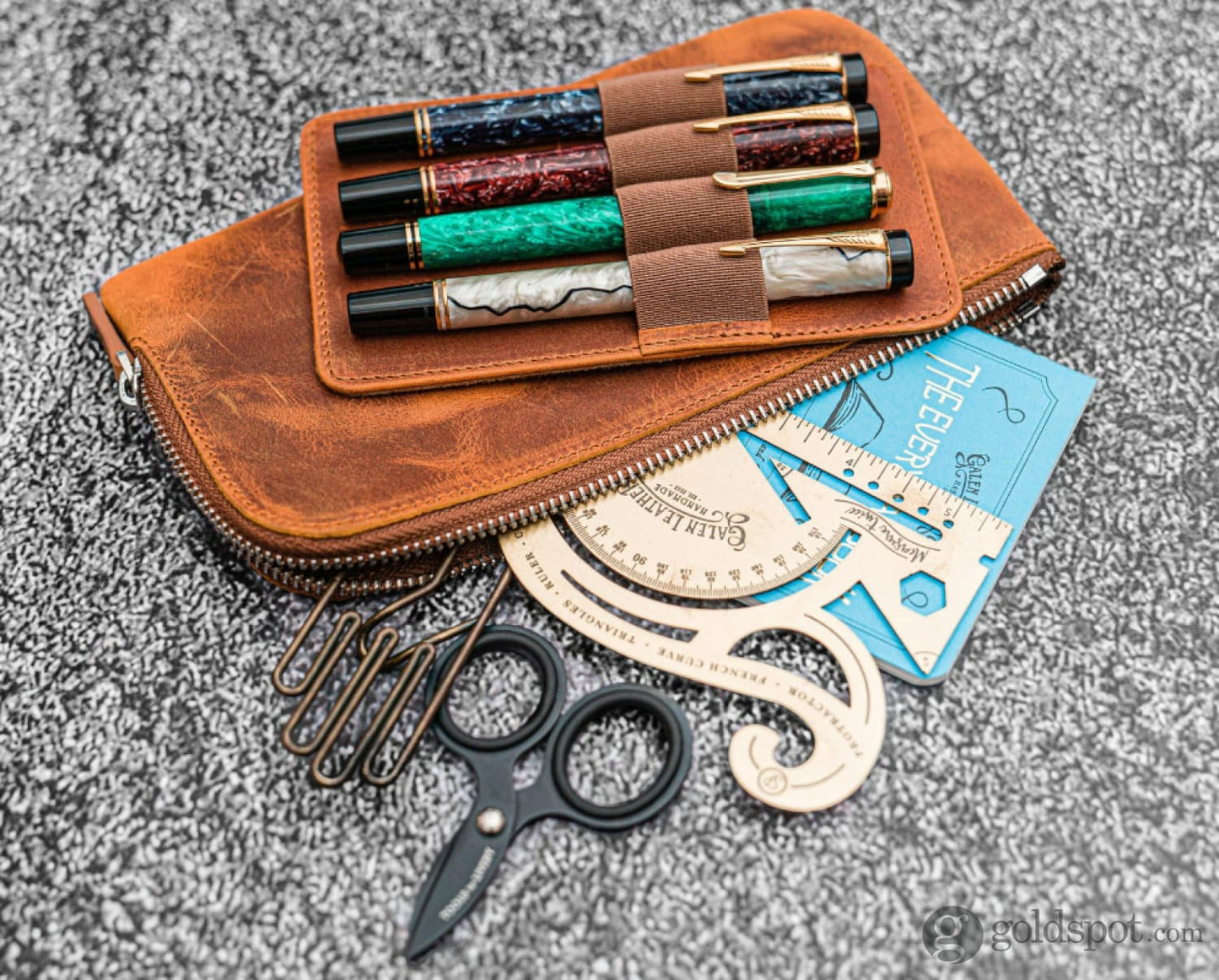 Galen Leather Slip-N-Zip Zippered 4 Slot Pen Pouch in Crazy Horse Brown Pen Case